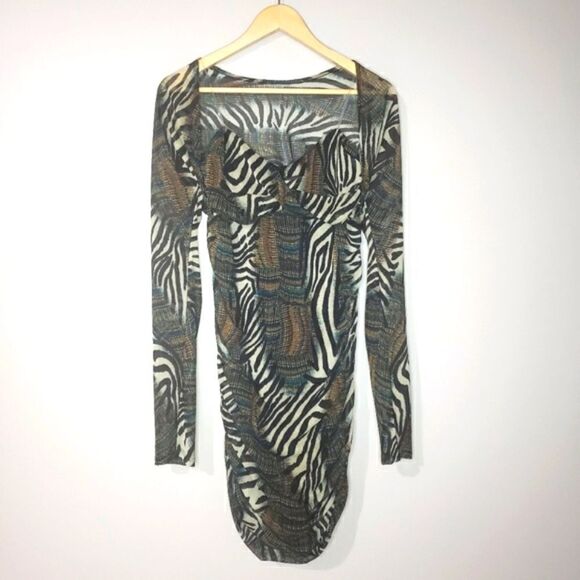 S-Twelve Large Black and Brown Animal Zebra Print Bodycon Dress - Picture 1 of 14